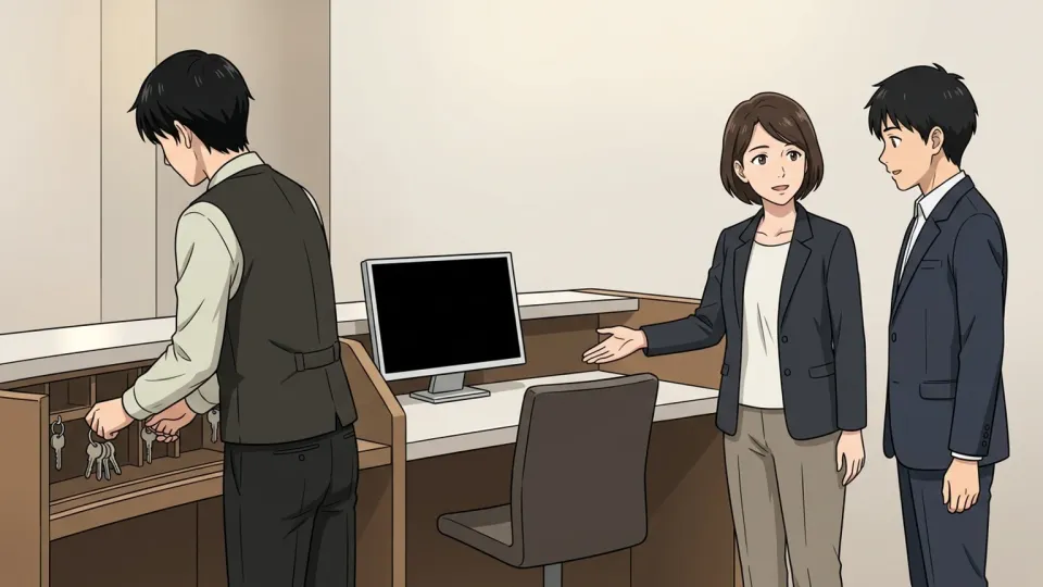 ホテルの採用担当者が「受付係募集」の求人票を掲示し、応募者が内容を読んでいる様子
