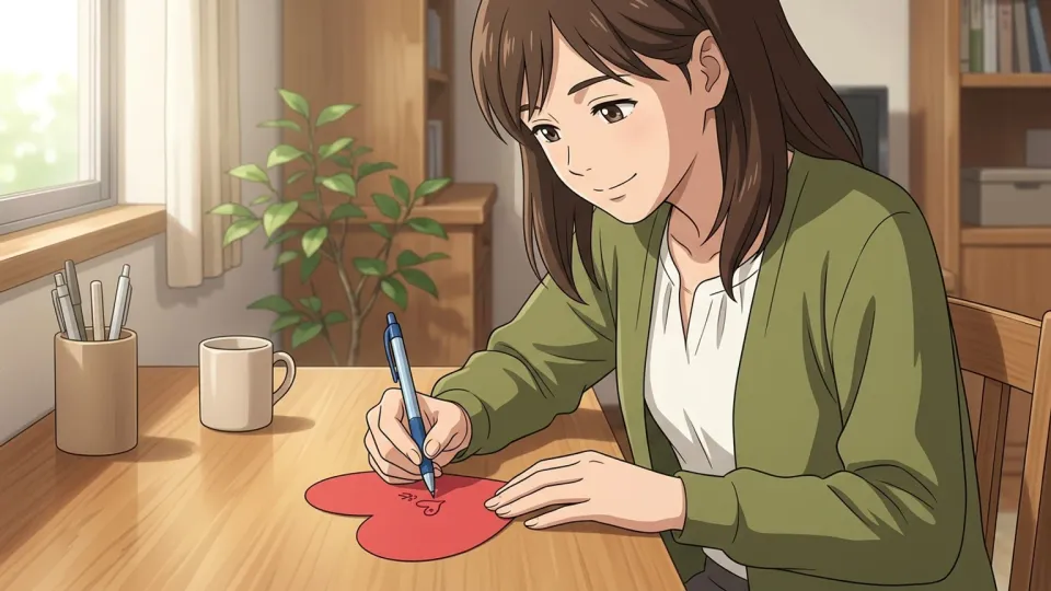 女性がハート型のバレンタインカードに文字を書いているイラスト