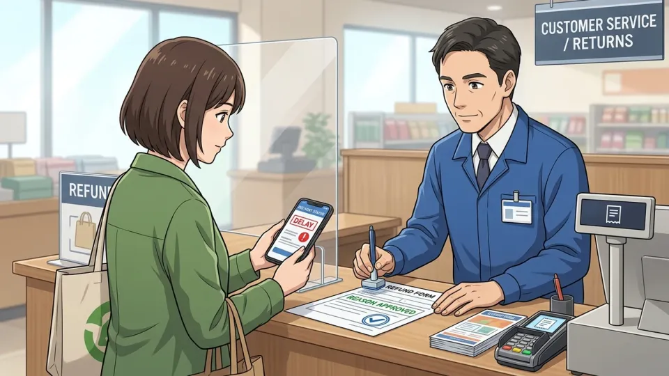 店舗のサービスカウンターで、配送遅延の記録を確認した責任者が客の返金申請を承認している様子