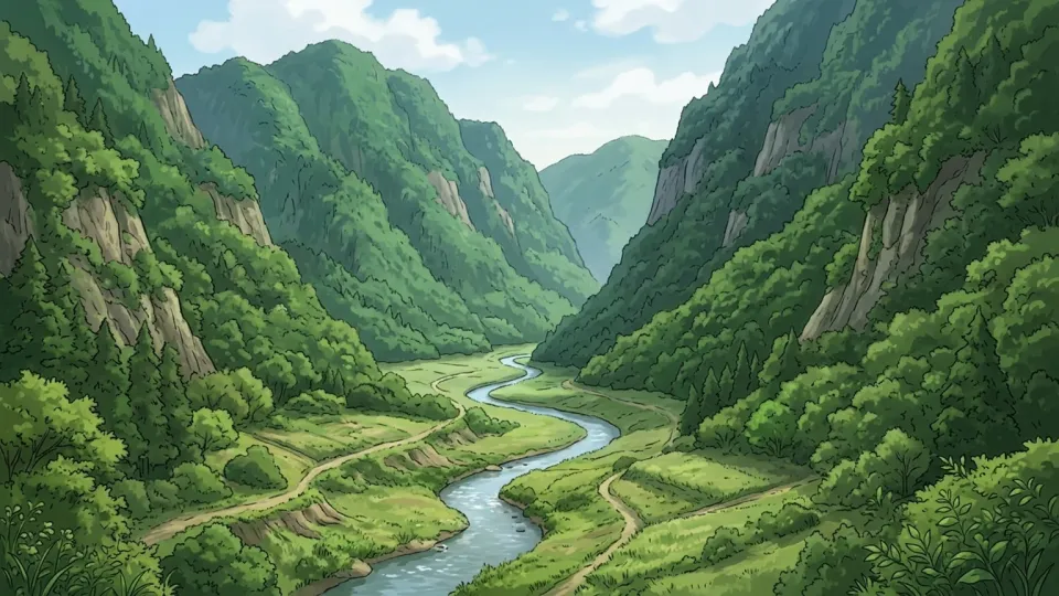 緑豊かな谷を流れる小さな川
