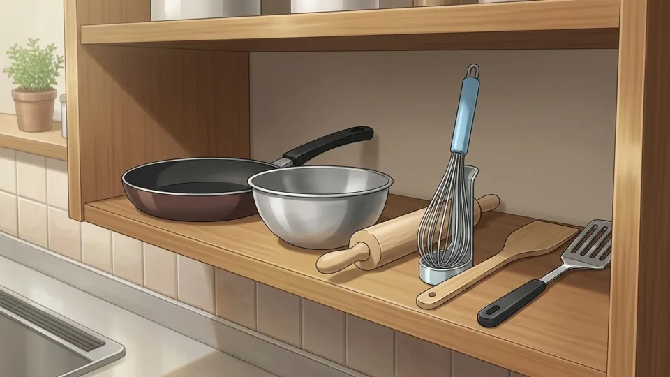 キッチン用品が並ぶ棚