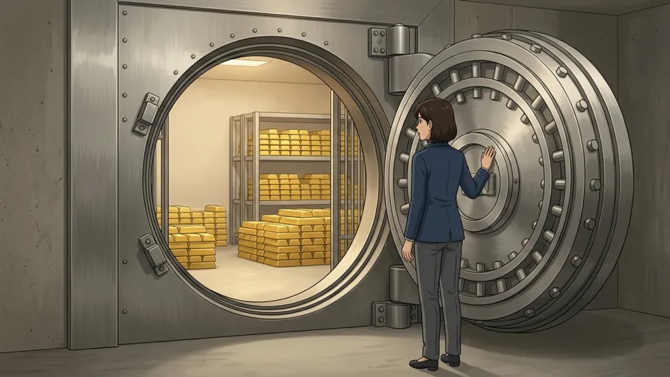 金庫室に保管された金の延べ棒を見つめる行員