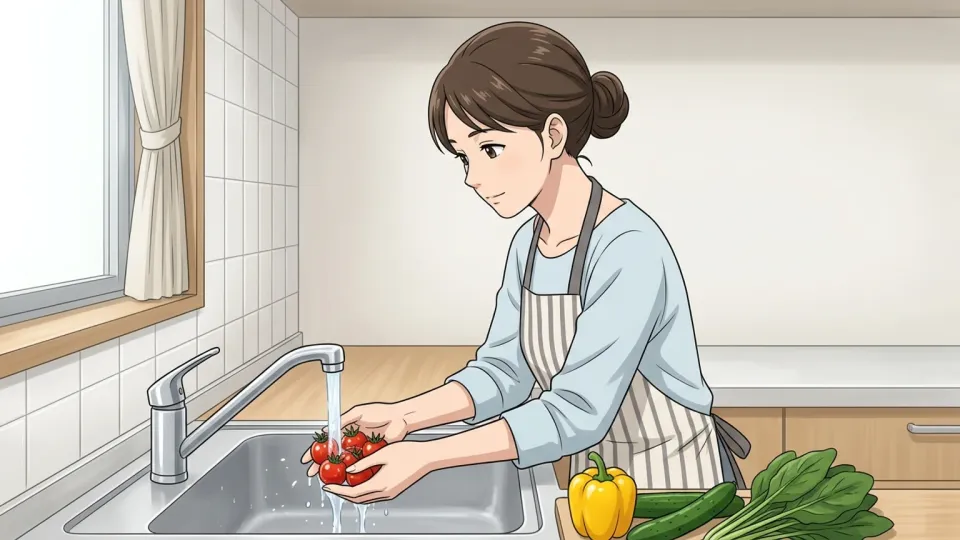 女性が新鮮な野菜を洗っているところ