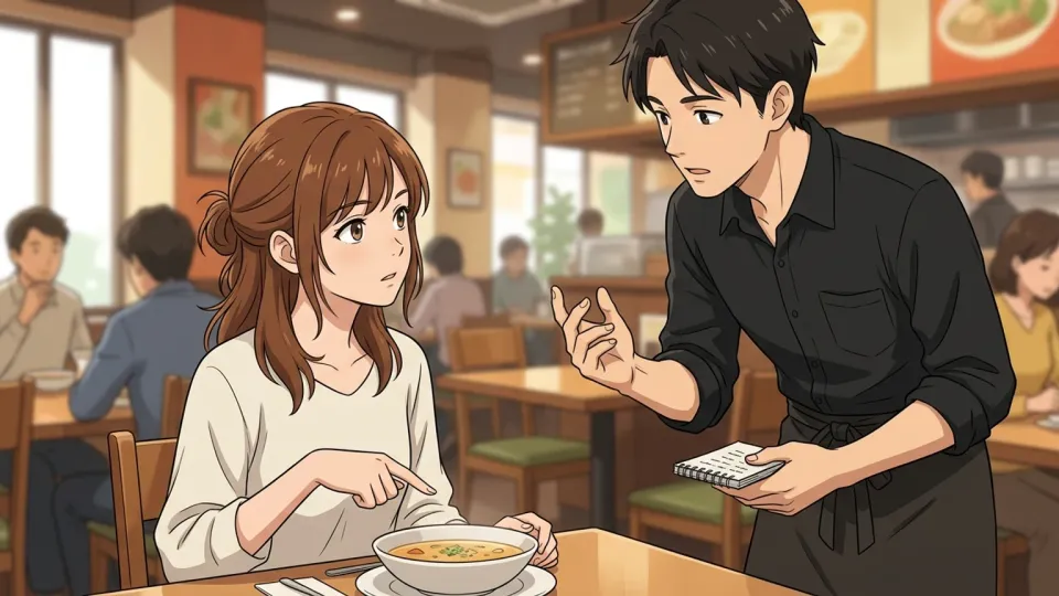 レストランで菜食主義者の客が、給仕係にスープへ鶏だしが使われているか確認している様子
