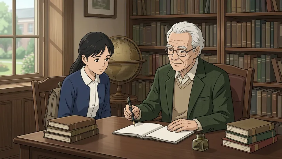 白髪の高齢教授が学生に穏やかに語りかけるアカデミックな場面