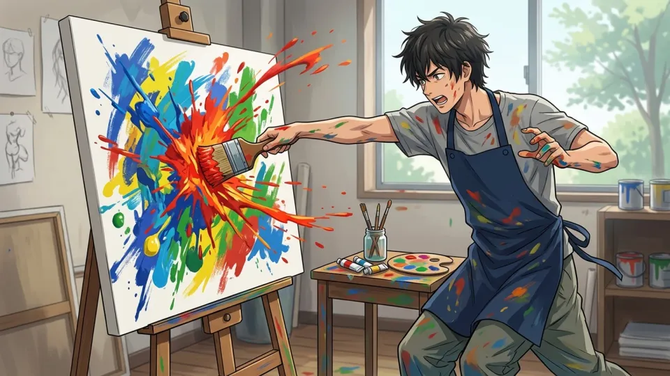 アートを通じて感情を発散する男性のイラスト