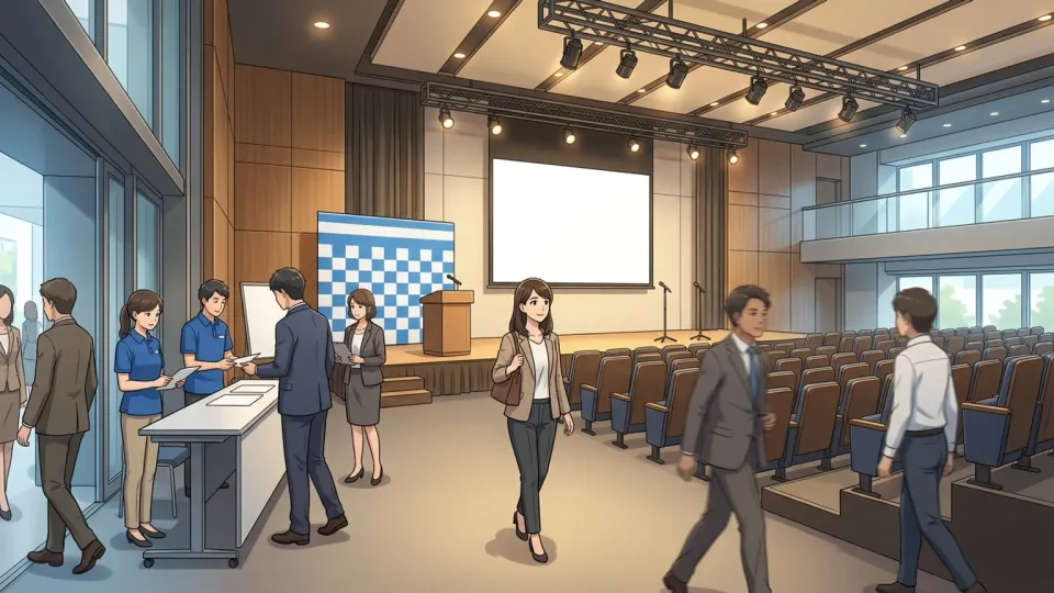 中央駅の近くにある会議会場へ参加者が向かう場面