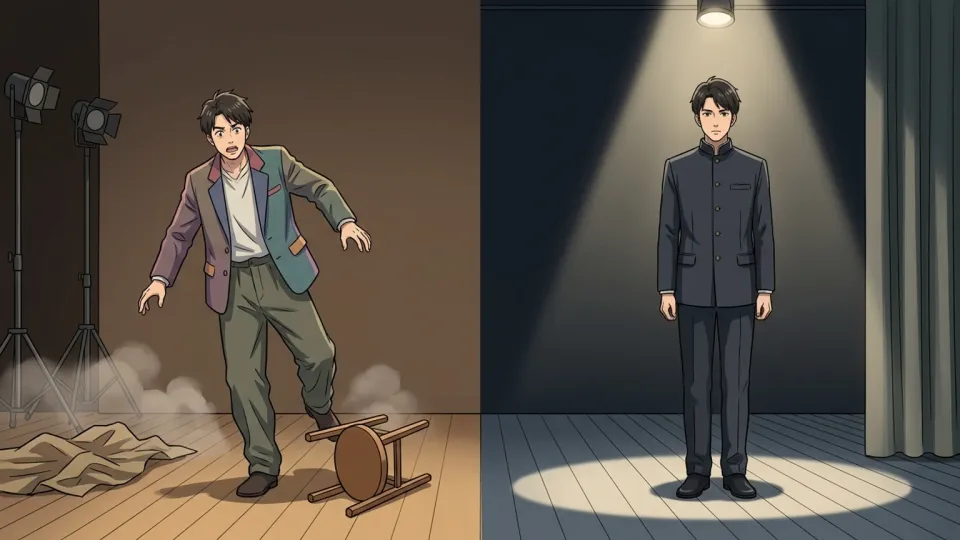 一人の俳優が異なる衣装と表情で多彩な演技を見せているイラスト
