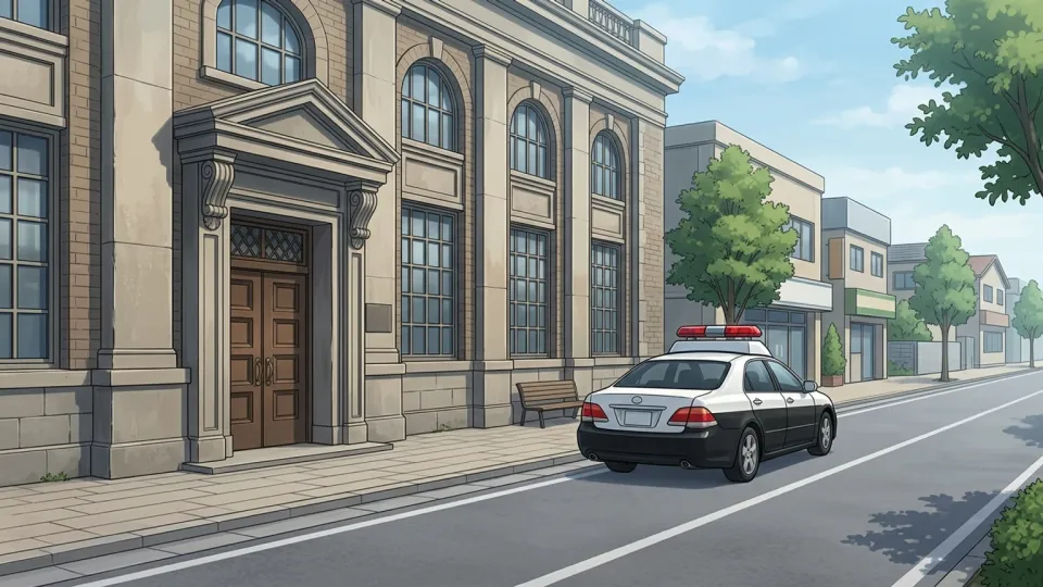 銀行の近くに停車しているパトカー