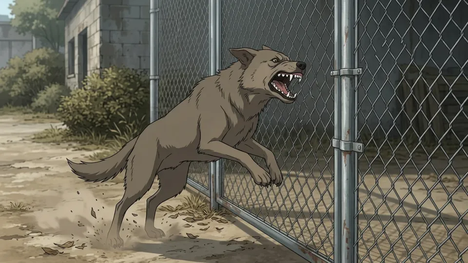 野良犬が激しくフェンスに噛みついているイラスト
