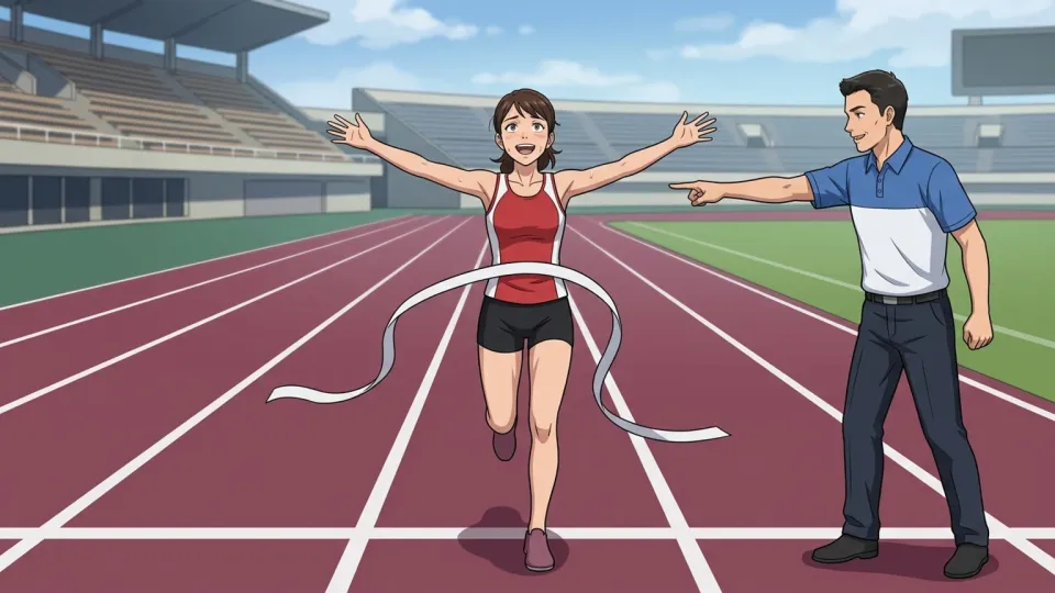 レースで優勝したランナーが勝利者として宣言される様子。