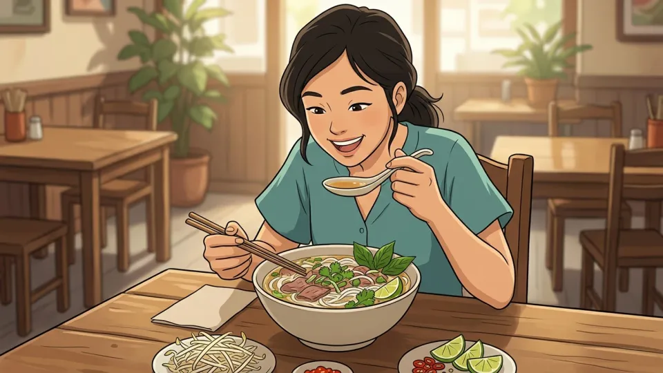食卓でベトナム料理を食べる女性