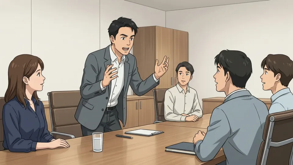 会議で自分の見解を述べる男性