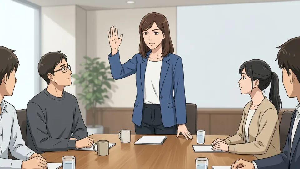 女性が会議で意見を述べているイラスト