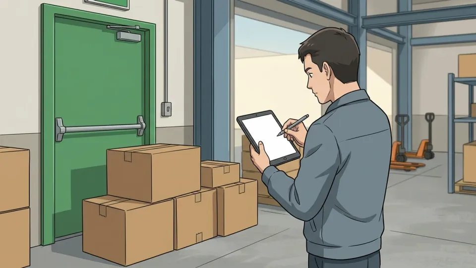 荷積み場の非常口をふさぐ箱を安全違反として記録する検査官