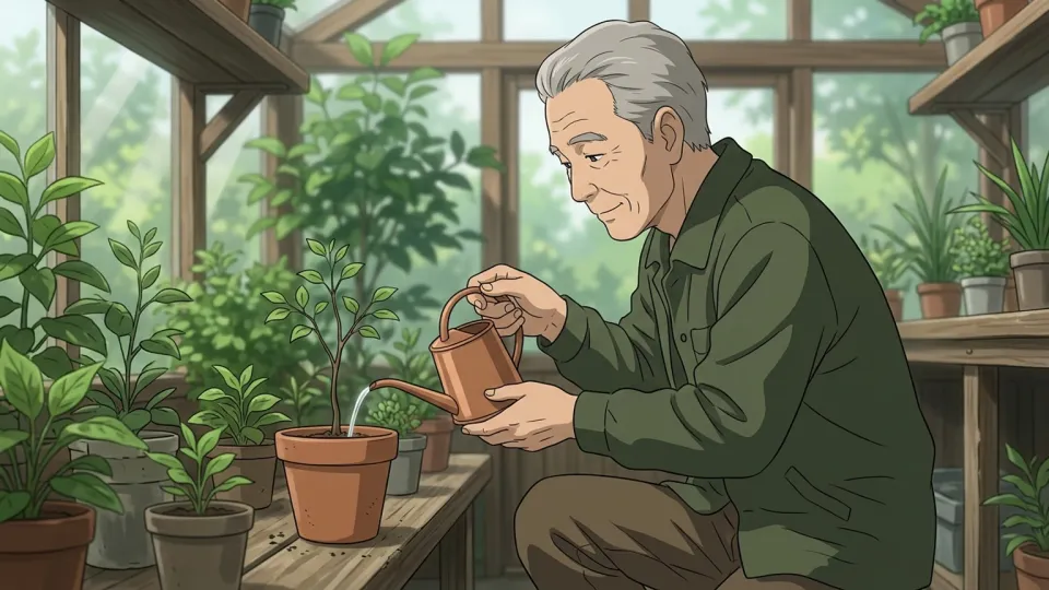 植物の世話をする高齢者