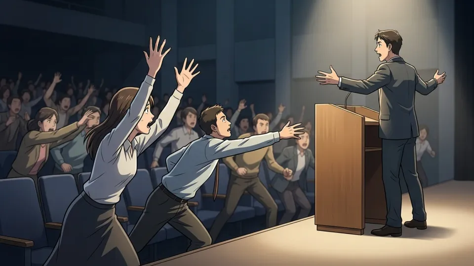 演説を聞いた聴衆が直感的かつ感情的に大きく反応している光景
