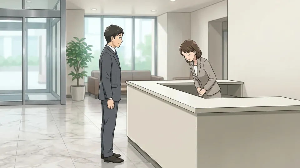 受付で挨拶を交わす受付係と訪問者