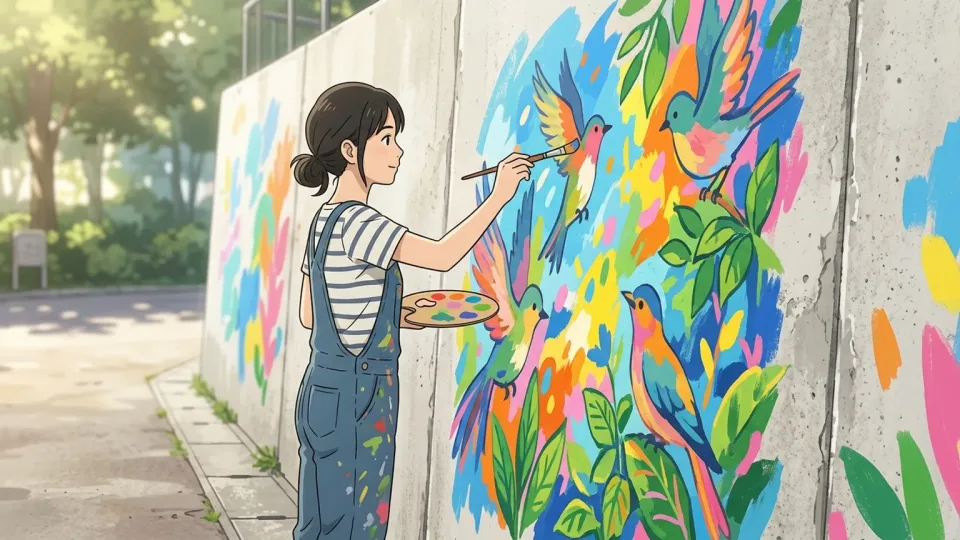 壁に描かれた色鮮やかな絵画を見る画家