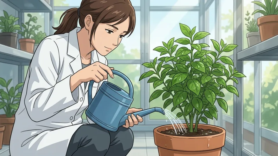 研究者が植物に水やりをしている場面