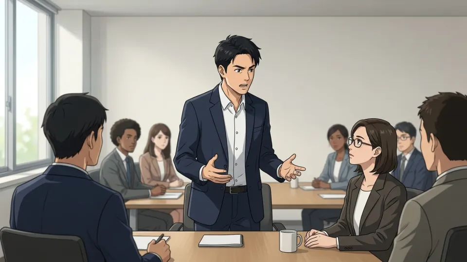 会議で自分の意見をはっきりと主張する従業員