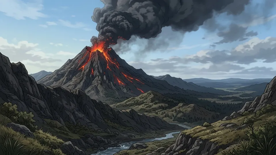 噴煙を上げる火山の風景