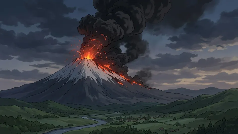 遠くで煙と溶岩を噴き上げる火山