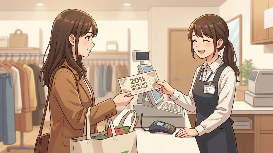 店舗のレジで客が20%割引券を店員に提示している様子