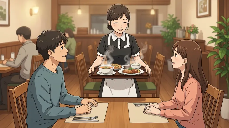 熱い料理を客のテーブルへ運ぶ女性給仕係