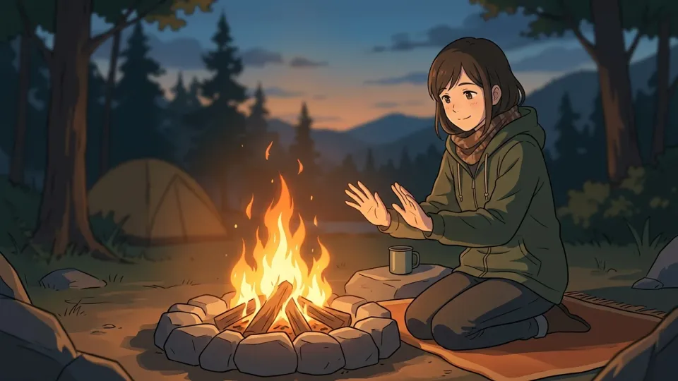 焚き火に手をかざしてぬくもりを感じる女性