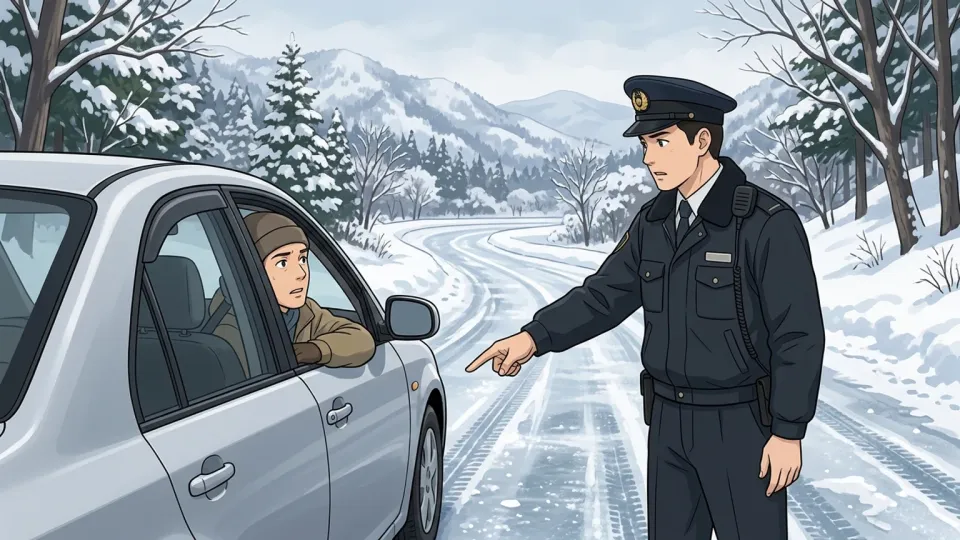 凍結した道路について運転手に警告する警察官