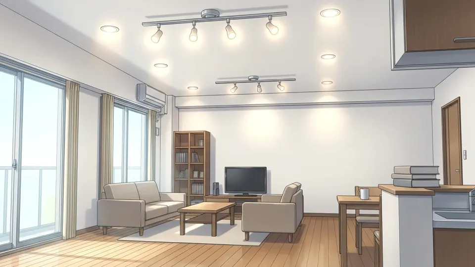 誰もいない明るい部屋で電気がつけっぱなしになっている様子