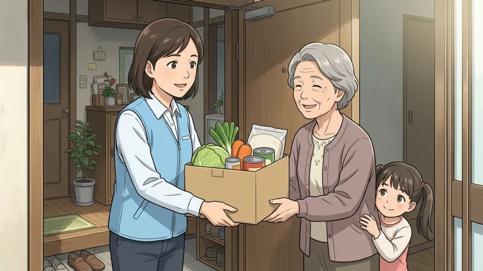 支援員が家族に物資を渡している様子