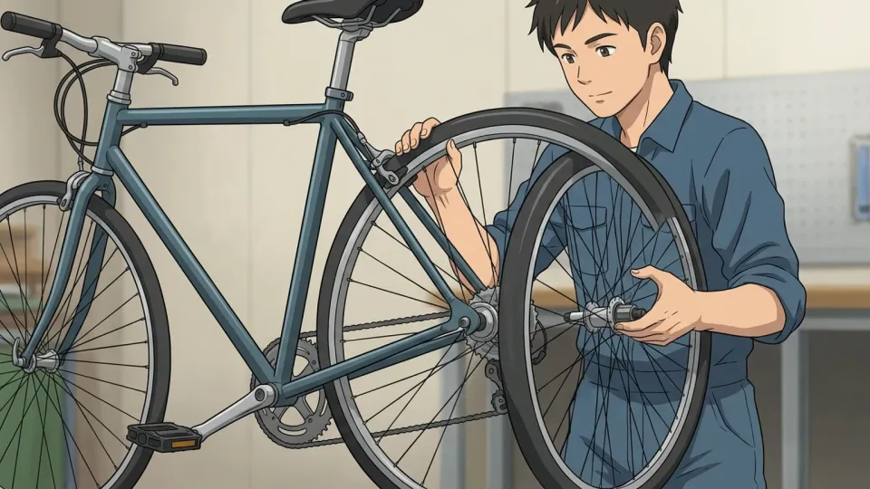 自転車の車輪を交換する整備士