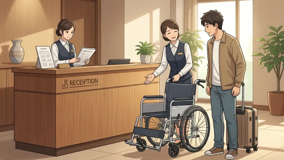 ホテル受付で貸し出される車いす