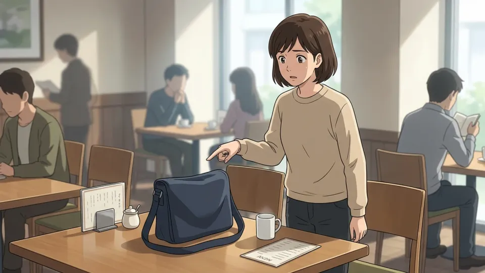 テーブルの上にあるかばんを指さして持ち主を尋ねる人