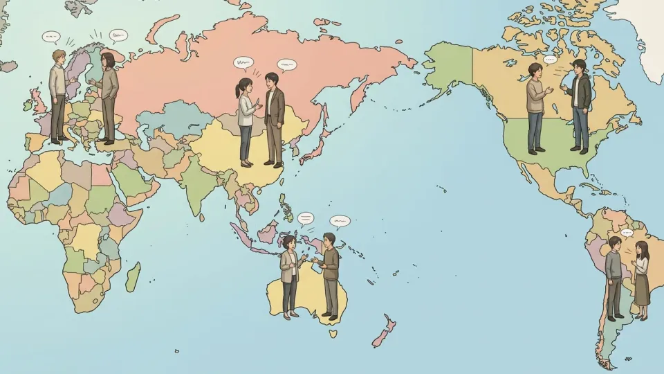 世界地図の前で人々が話している様子