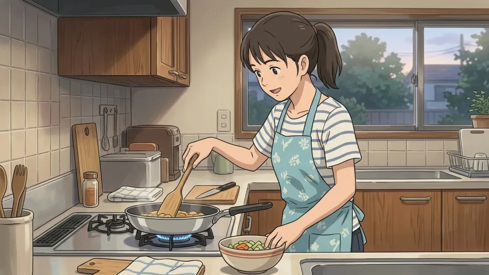 キッチンで夕食の準備をする妻