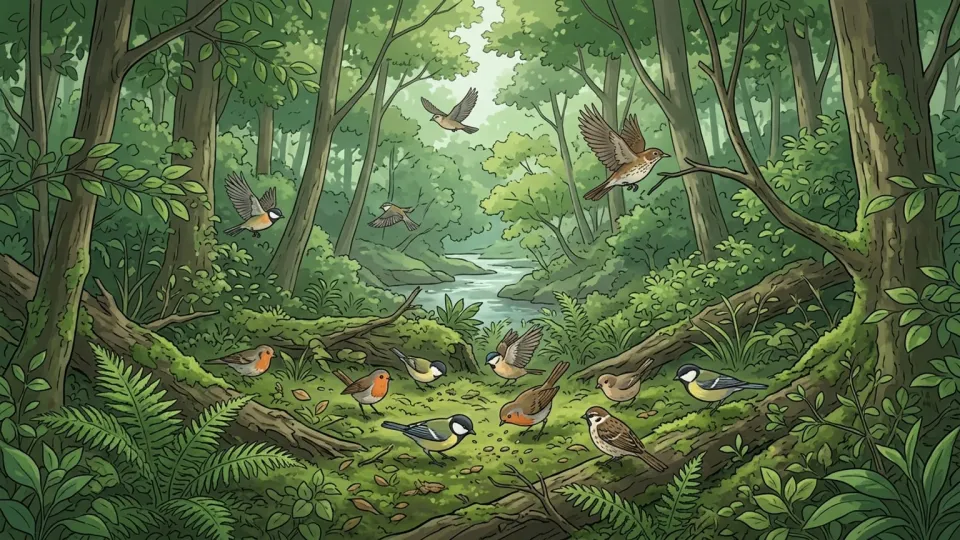 森の中で木にとまっている野生の鳥