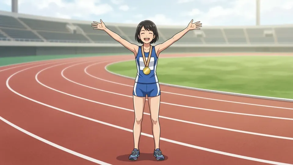 レースで金メダルを獲得した勝利者の姿