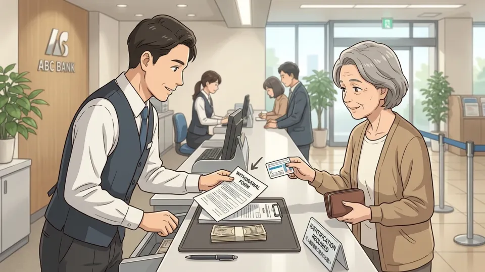 多額の現金引き出しの本人確認をする銀行員
