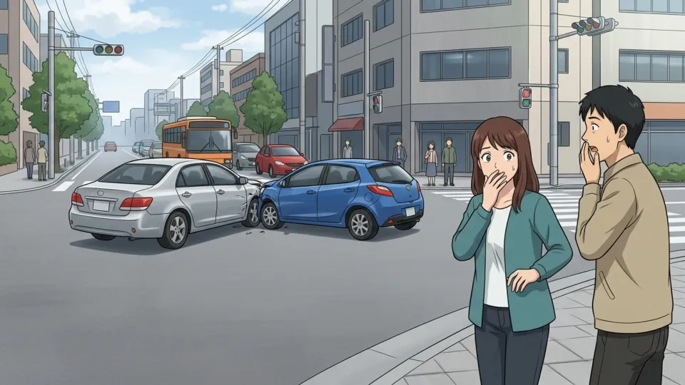 通りで起きた事故を目撃する人々。