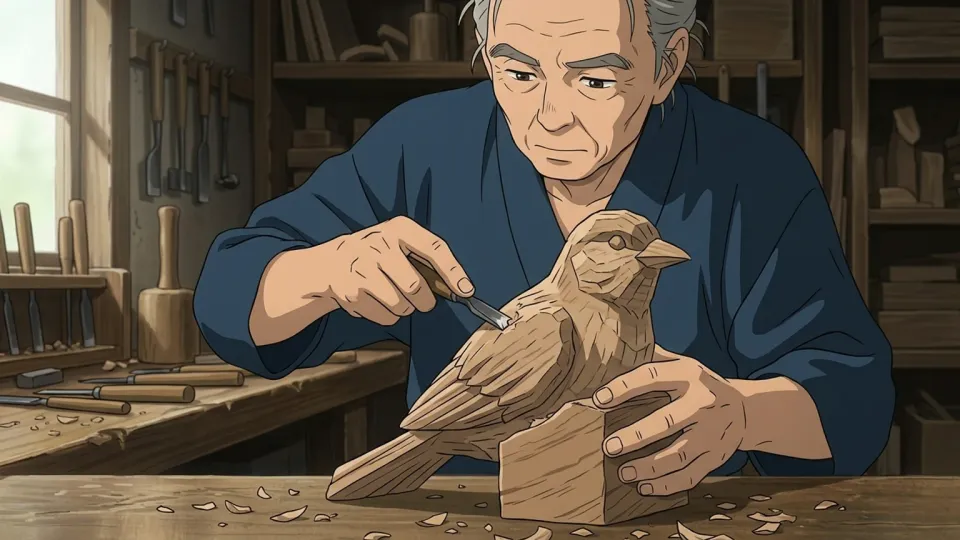 木製の鳥を彫る芸術家