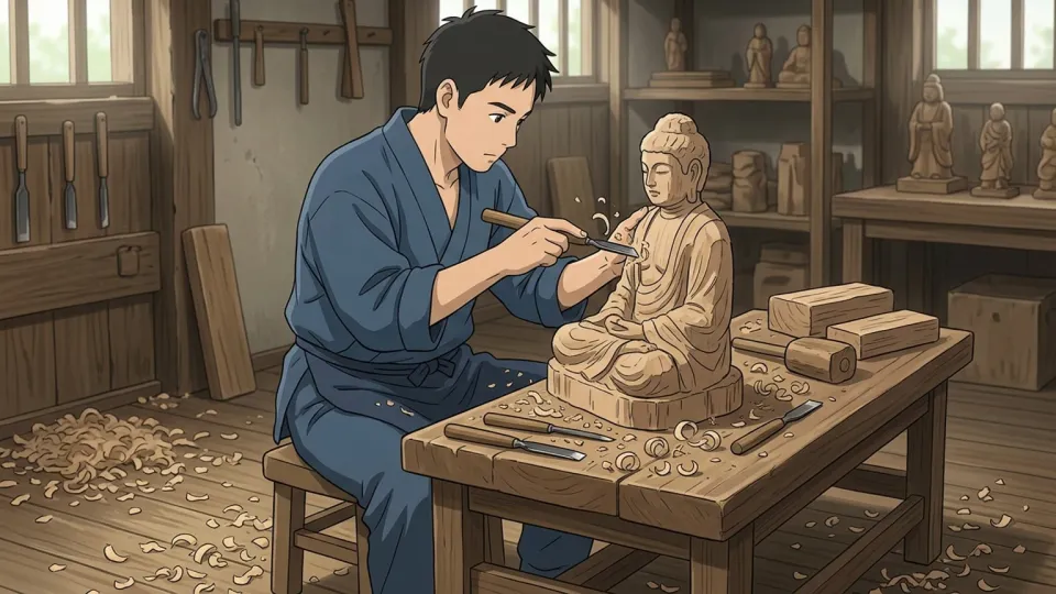 彫刻家が木製の彫像を削りながら制作に取り組んでいる様子。