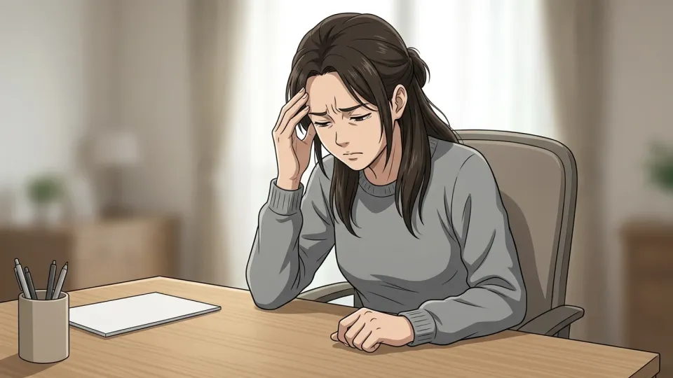 デスクに座り、こめかみを押さえて思い悩む女性のイラスト