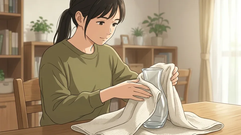 花瓶を柔らかい紙で包む女性