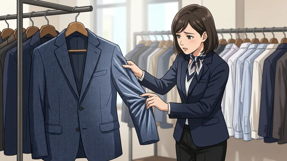 展示用ジャケットの袖のしわに気づく店員