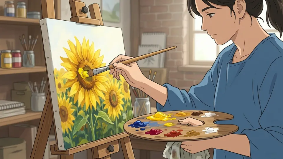 ひまわりを描く画家の手元