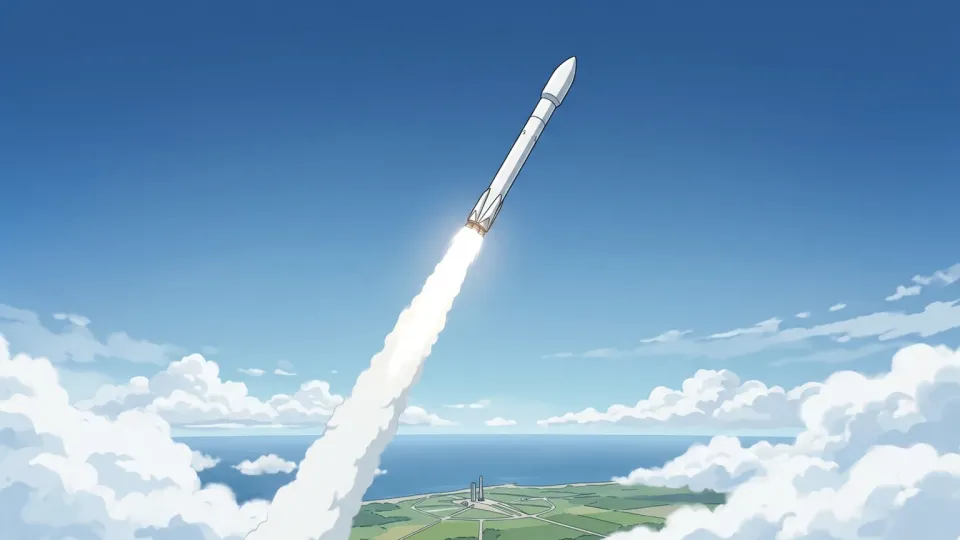 ロケットが空へ向かって急上昇する様子